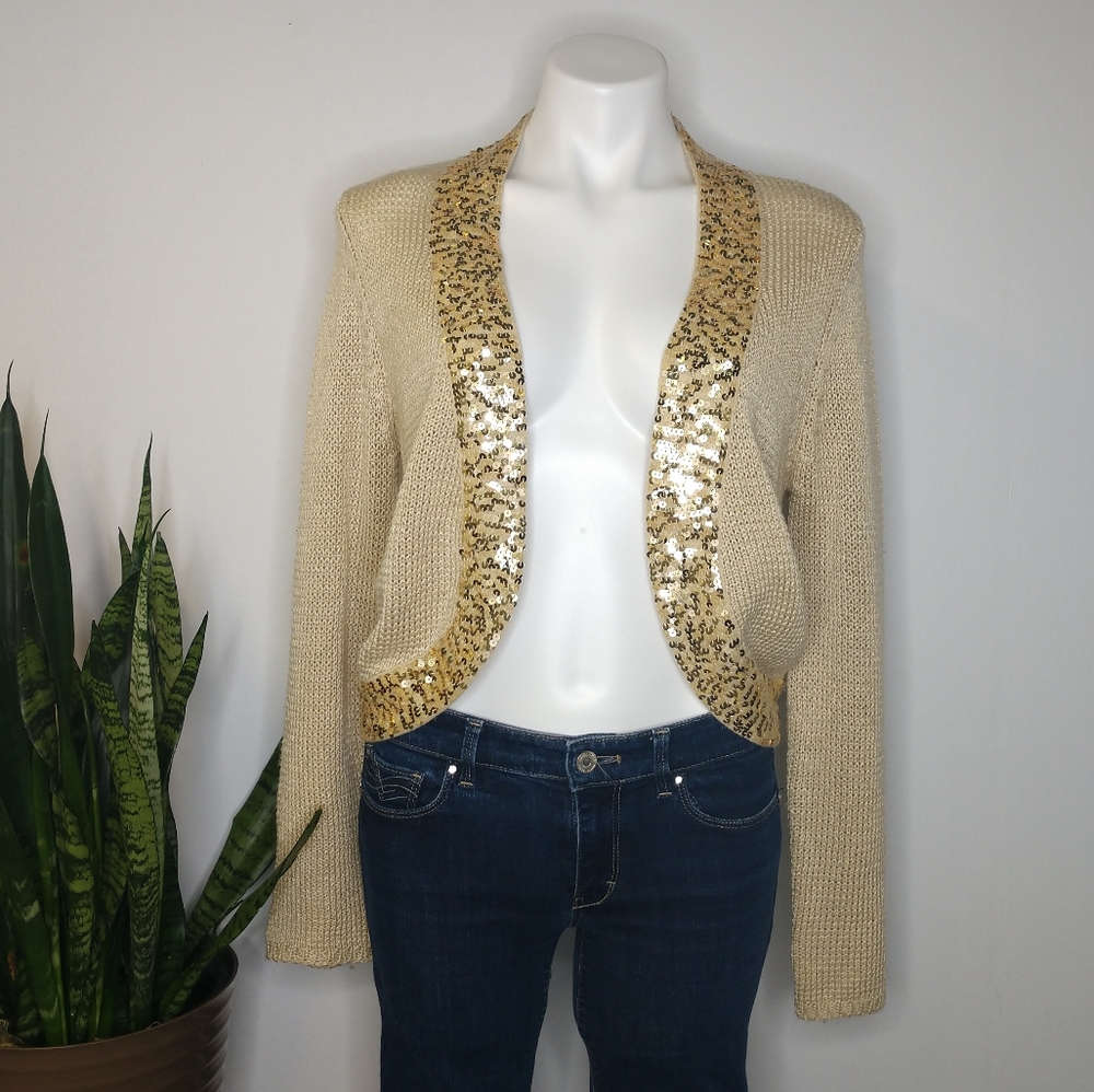 Anthro Curio beige & gold sequin cardigan size L